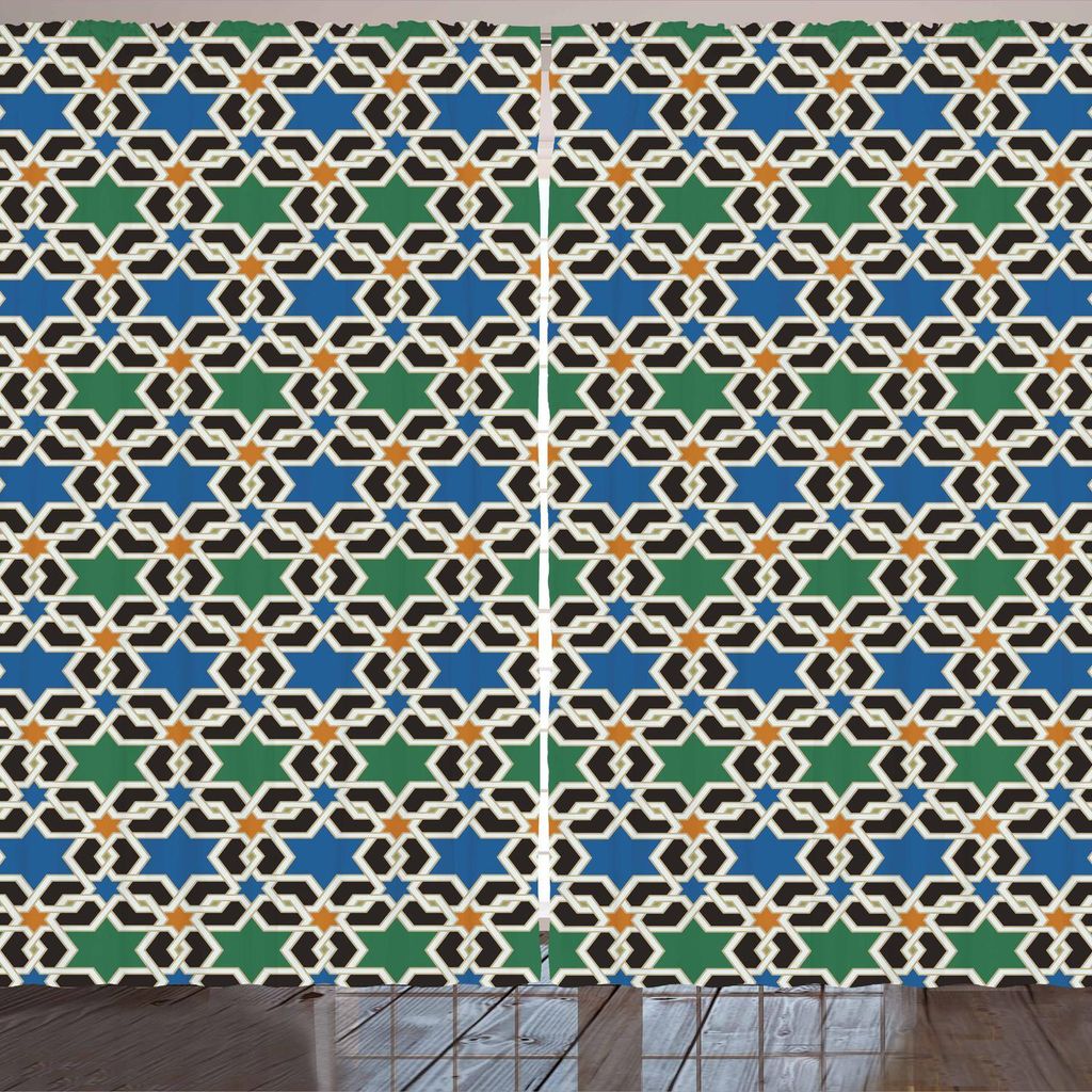 ARANDE marokkanisch Gardine, Geometrisches Sechseckige Muster Stars Asian Style Alte Ost Zellige Art, 280 x 225 cm, Grün Blau Schwarz