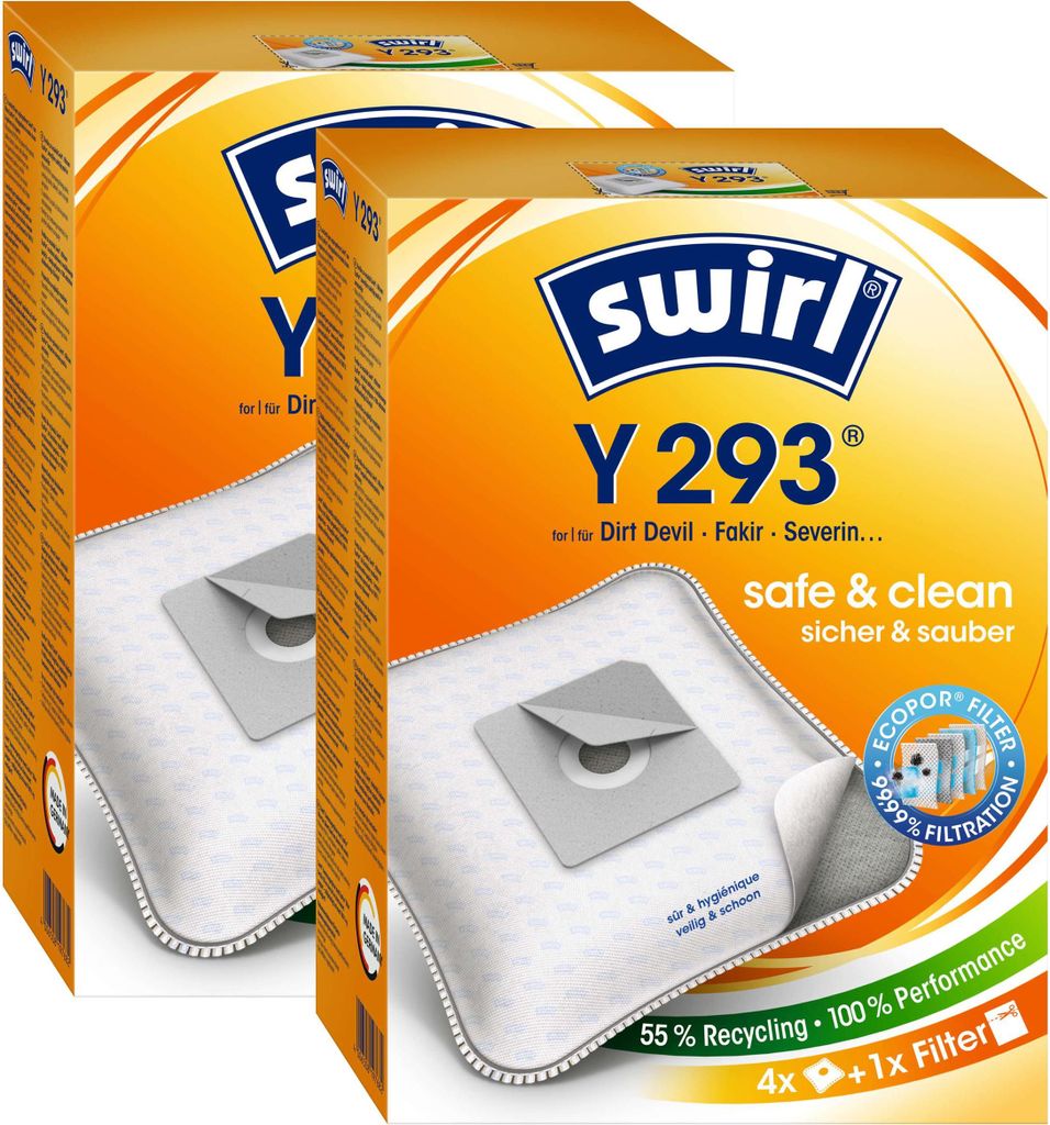 Two boxes of Swirl Y 293 vacuum cleaner bags are shown side-by-side.