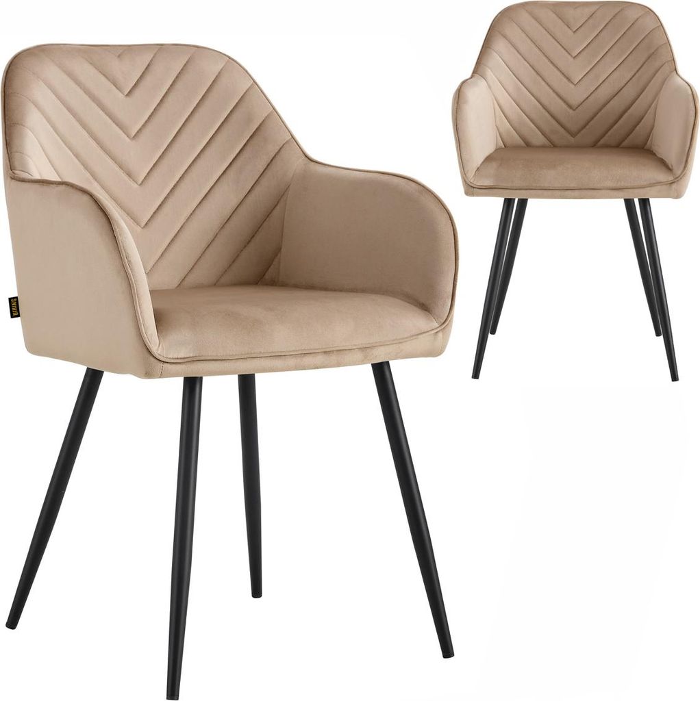 Two beige upholstered chairs with black metal legs are shown against a white background. The chair in the foreground is angled slightly to the left, while the chair in the background is positioned to the right and angled slightly to the right.