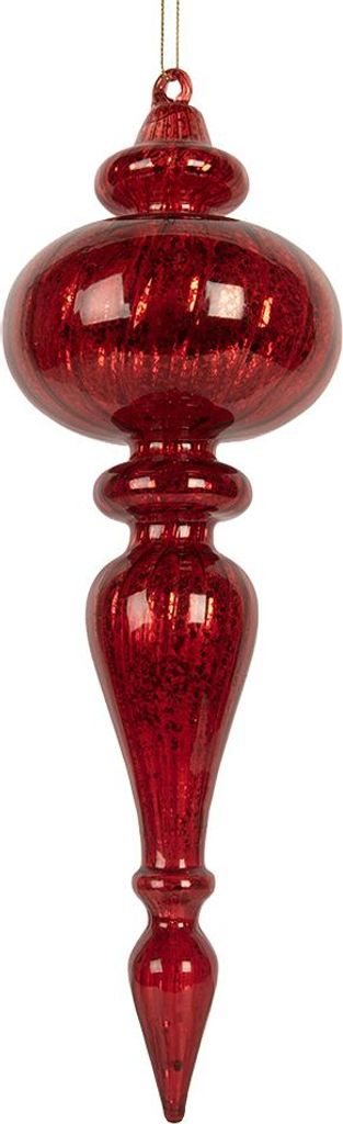 A single red glass Christmas ornament with a glittery finish, hanging from a thin string.