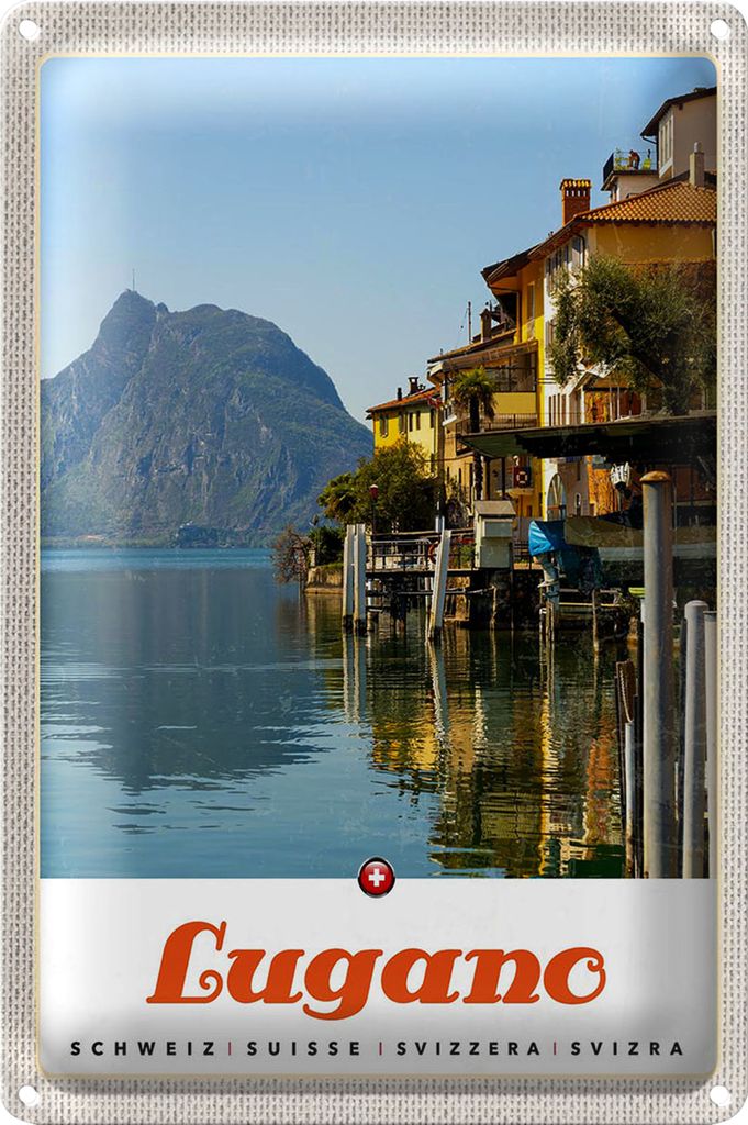 Blechschild Reise 40x30cm Lugano Schweiz See Ausblick auf Berg