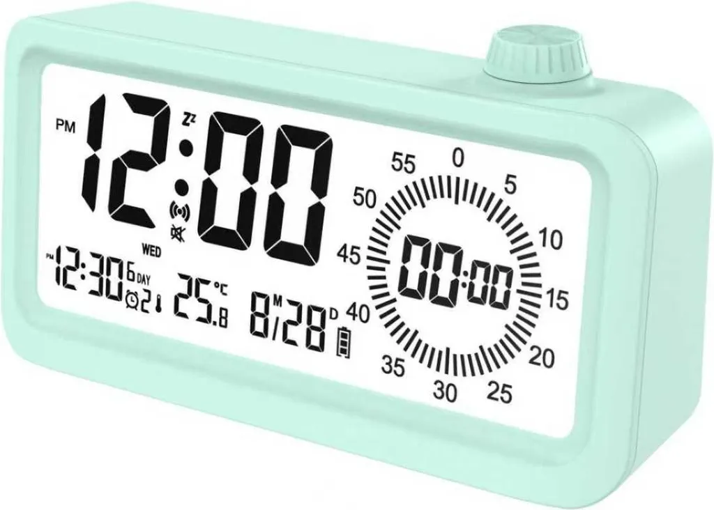 Réveil LCD Rechargeable Vert : Fini les Piles avec Veilleuse et Minuteur