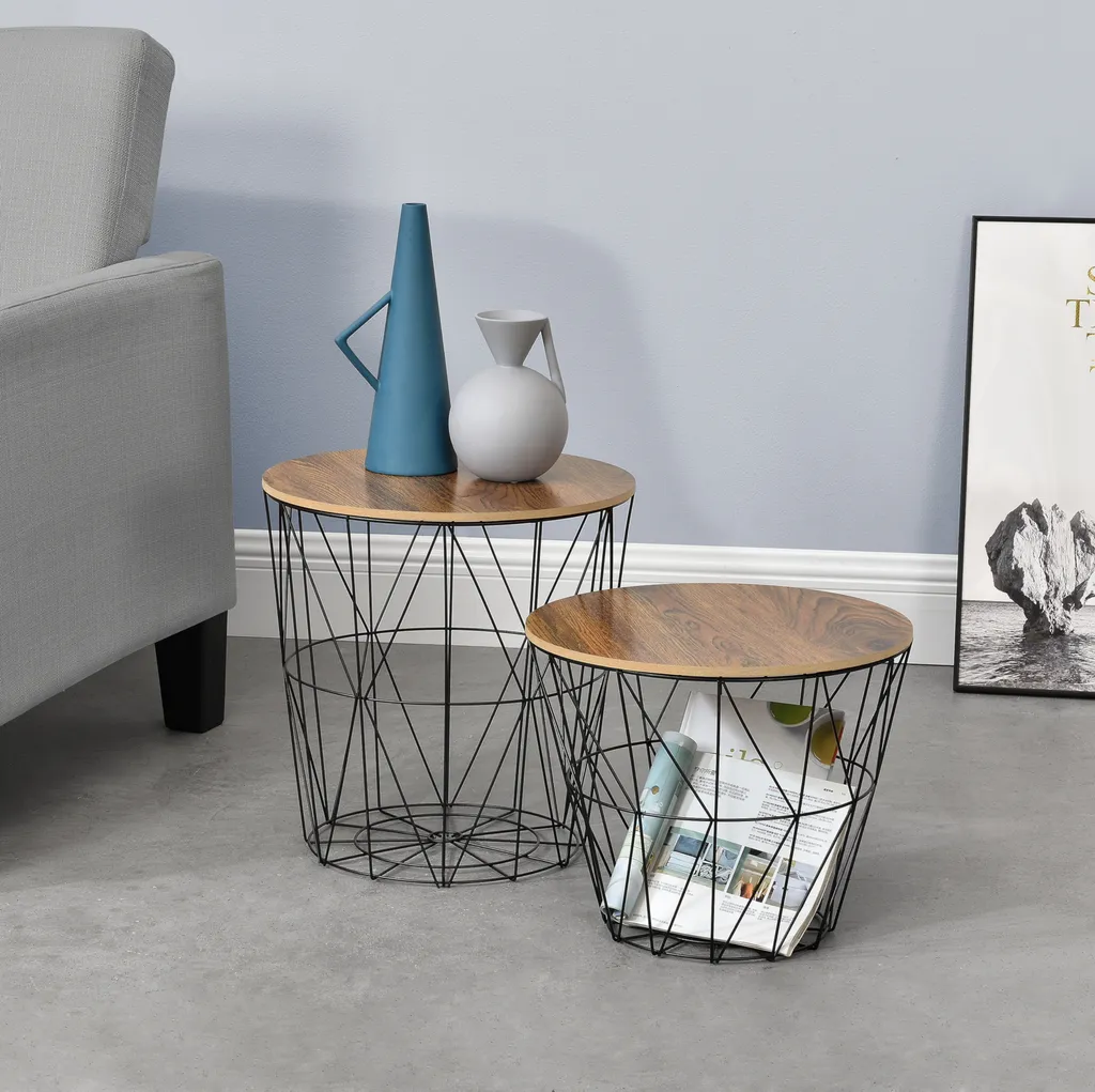 Set de 2 tables de salon décoratives avec paniers de rangement noir