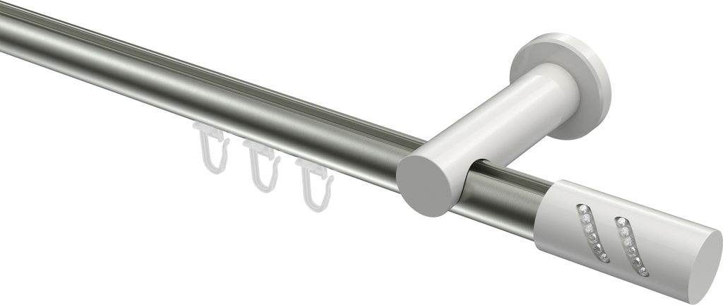 Interdeco Innenlaufstange / Gardinenstange mit Innenlauf Edelstahl-Optik / Weiß, Typ Platon Zoena (Glitzerzylinder), 20 mm Ø 1-läufig, 120 cm
