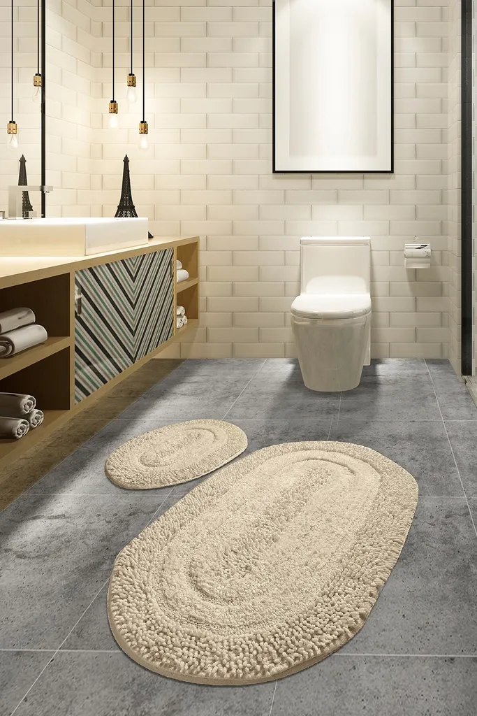 Tapis de Bain Absorbant Beige Macaroni 60x100, Anti-Humidité en Pur Coton
