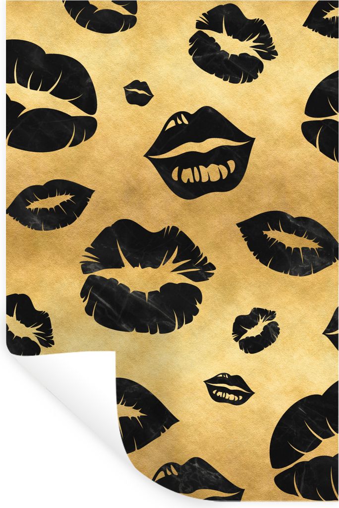 MuchoWow Wandtattoo Wandsticker Wandaufkleber Muster - Kuss - Gold - Schwarz 20x30 cm Selbstklebend und Repositionierbar - Sticker - Dekorfolie