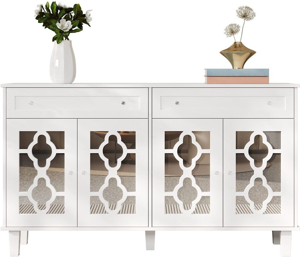 Sideboard mit 4 Spiegeltueren Schubladenschrank verstellbaren Einlegeboeden und Kristallgriffen Beistellschrank Wohnzimmerschrank Weiss