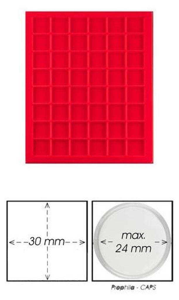 Prophila Collection rote Veloureinlage für Münzbox, 48 eckige Fächer für Münzen bis 30mm, z. B. 1 Oz. Canada/Maple Leaf Gold