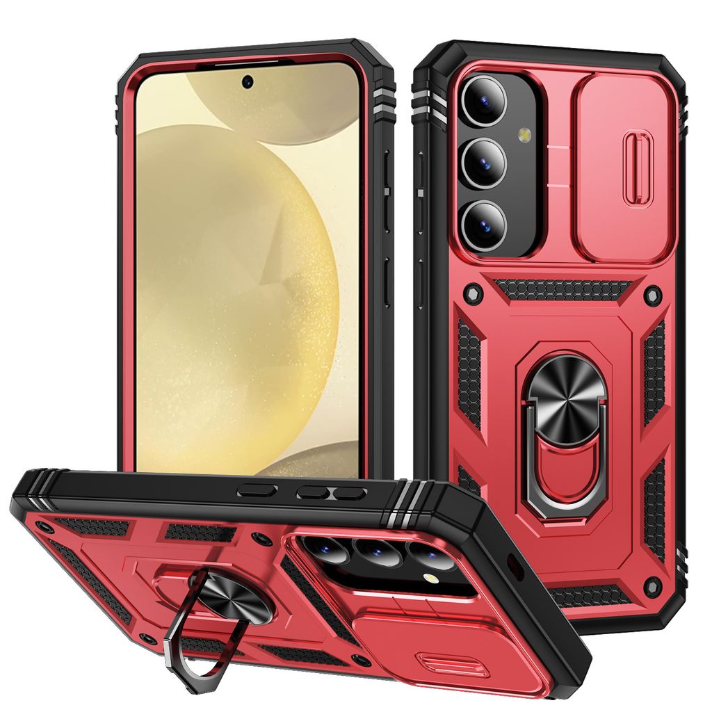 Galaxy S24+ Hülle, Schiebe Kamera Schutz Robust Rüstung Stoßfest Schutzhülle mit Ringhalterung Ständer Kartenhalter für Samsung Galaxy S24+ Rosa