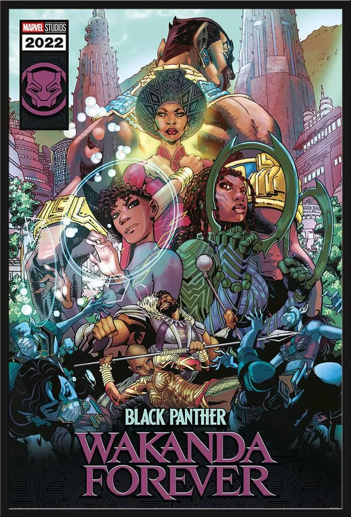 Poster Black Panther Wakanda Forever sous Cadre Noir Shinsuke avec Vitre