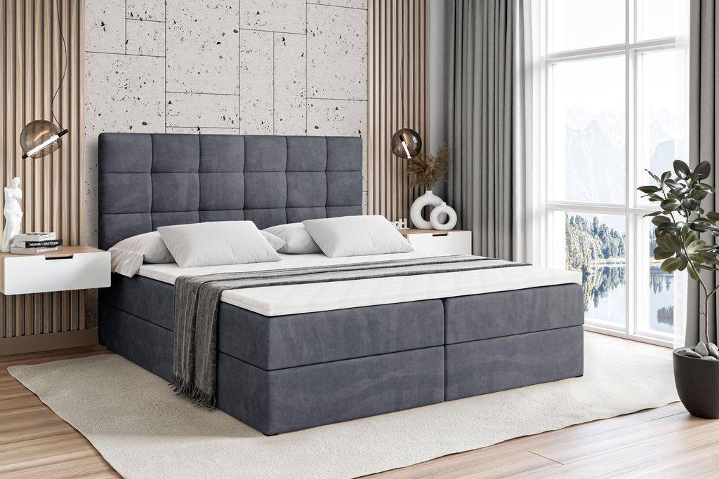 ALTDECOR Boxspringbett mit Matratze und Lattenrost - BRUGO - 200x200 cm - Dunkelgrau Samt - Boxbett, Topper, Polsterbett mit Bettkasten, Bett mit S...