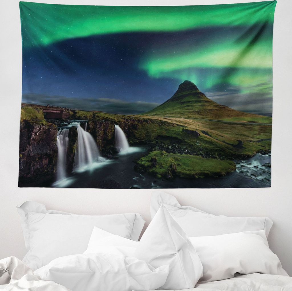 ABAKUHAUS Nordlicht Wandteppich, Wasserfall Nacht aus Weiches Mikrofaser Stoff Waschbar ohne Verblassen Digitaldruck, 150 x 110 cm, Mehrfarbig