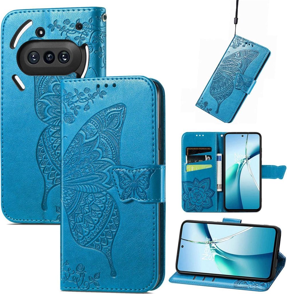 Für Nothing Phone 3a Kunstleder Wallet Handy Tasche Schmetterling Design Hülle Etuis Blau