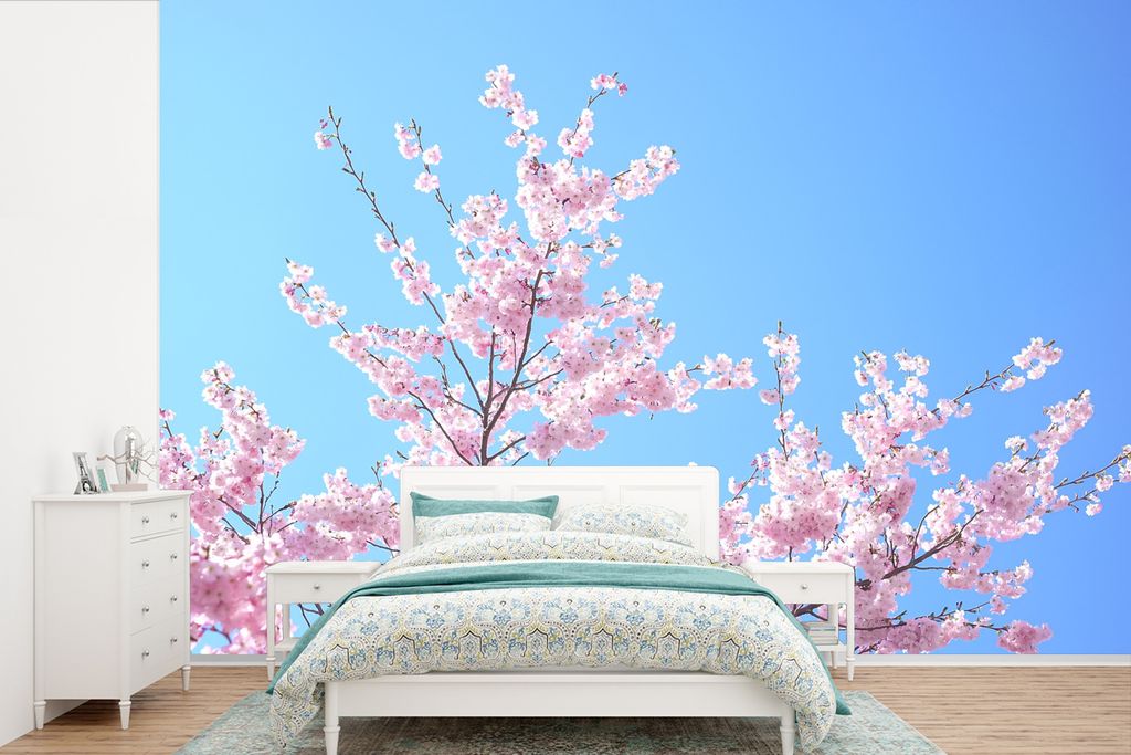 MuchoWow Fototapete für Wohnzimmer oder Schlafzimmer Wandtapete Vinyl Motivtapete Blütenbaum - Japan - Frühling - 360x240 cm - Vinyl-Tapete