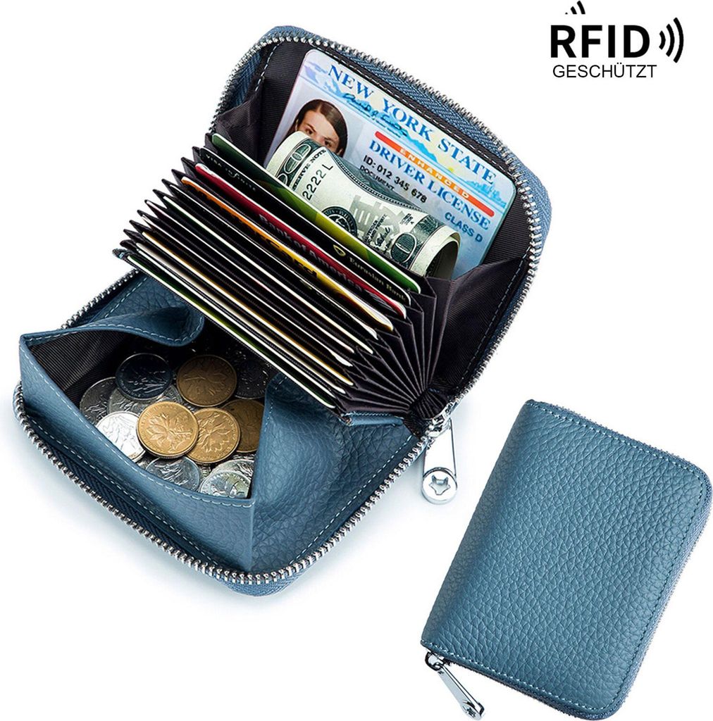 OKWISH Damen Geldbörse, Portemonnaie Geldbeutel Damenbörse Leder, Echtes Leder RFID-Kartenetui für Damen, Japanischer Stil, Münzfach mit Reißv...