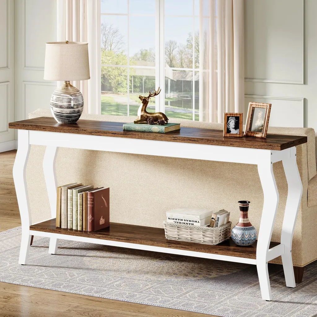Grande table d'appoint 2 étagères - Structure métal et bois - 180cm Blanc