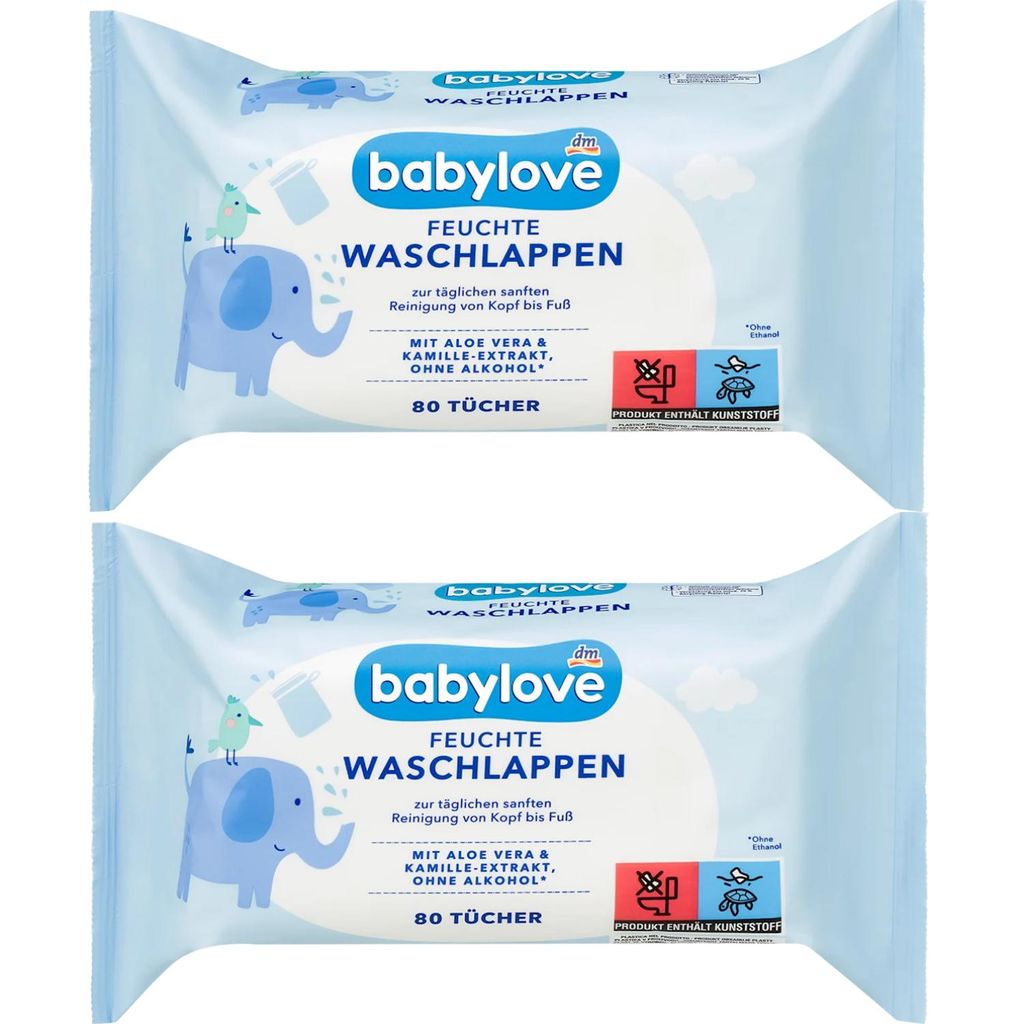 Babylove Feuchte Waschlappen 2x80 Stück Produktbild 