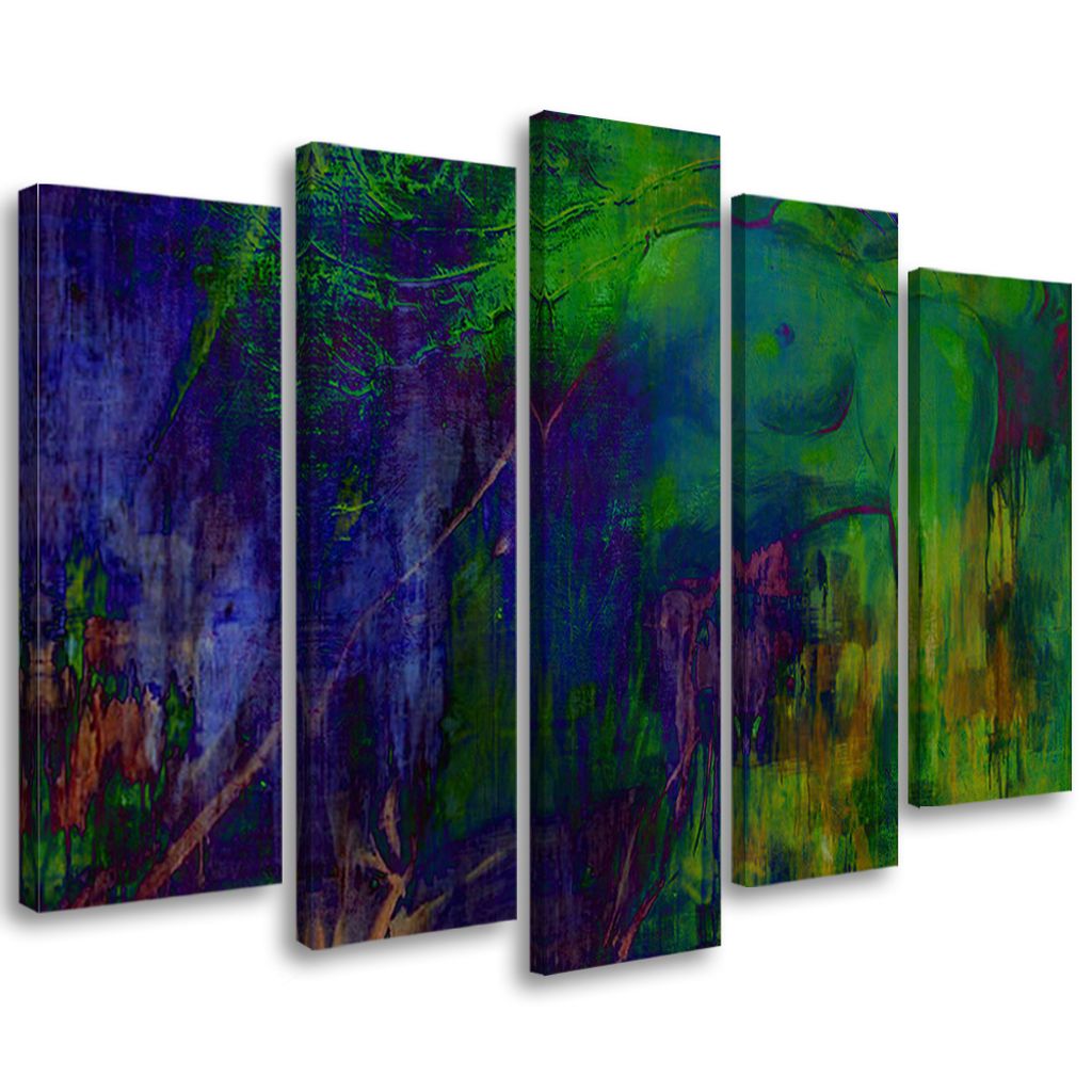 5-teiliges leinwandbild abstrakte frau gemalt 150x100 cm Feeby grün wandbild bereit zum aufhängen