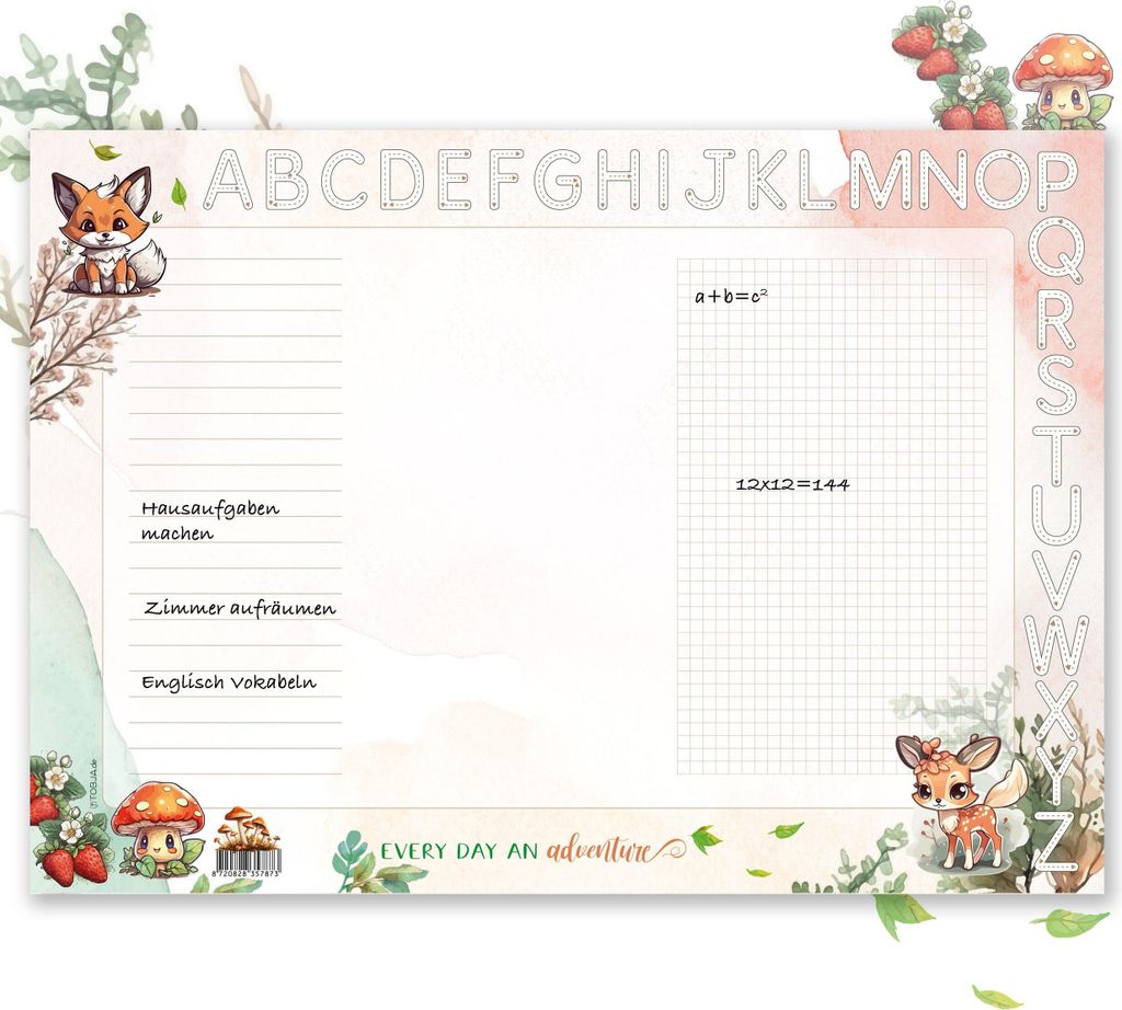 Schreibtischunterlage A3 für Mädchen und Jungen - Waldtiere Design, dickes 90g/m² Papier, mit ABC Leiste zum Ausmalen - Perfekt zur Einschulung ...