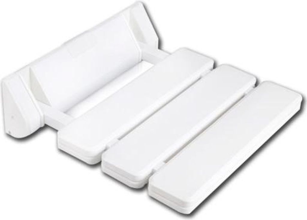 A white foldable wall-mounted shower seat is shown against a white background.