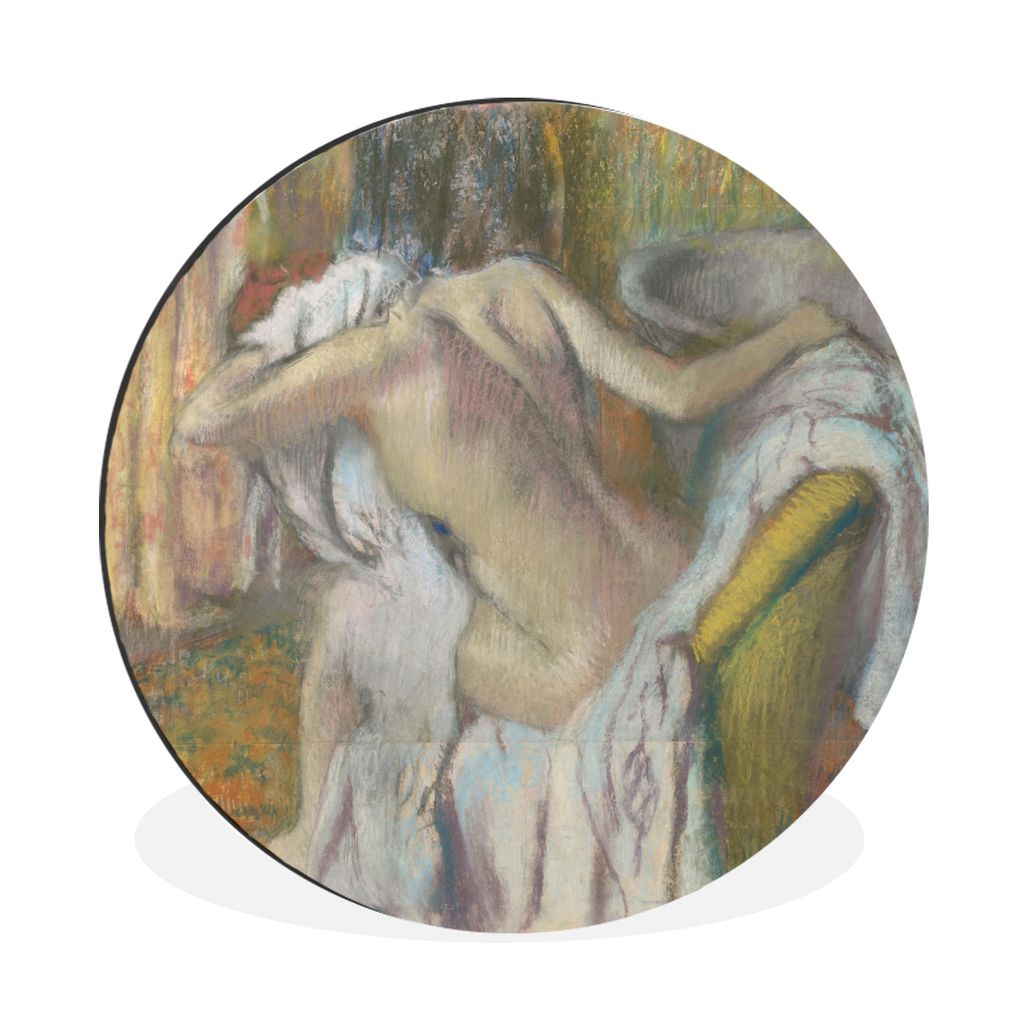 MuchoWow Aluminium Wandkreis Frau trocknet sich ab - Gemälde von Edgar Degas Ø 90 cm Wanddeko Modern Wohnzimmer - Mauerkreis - Wandbilder - Run...
