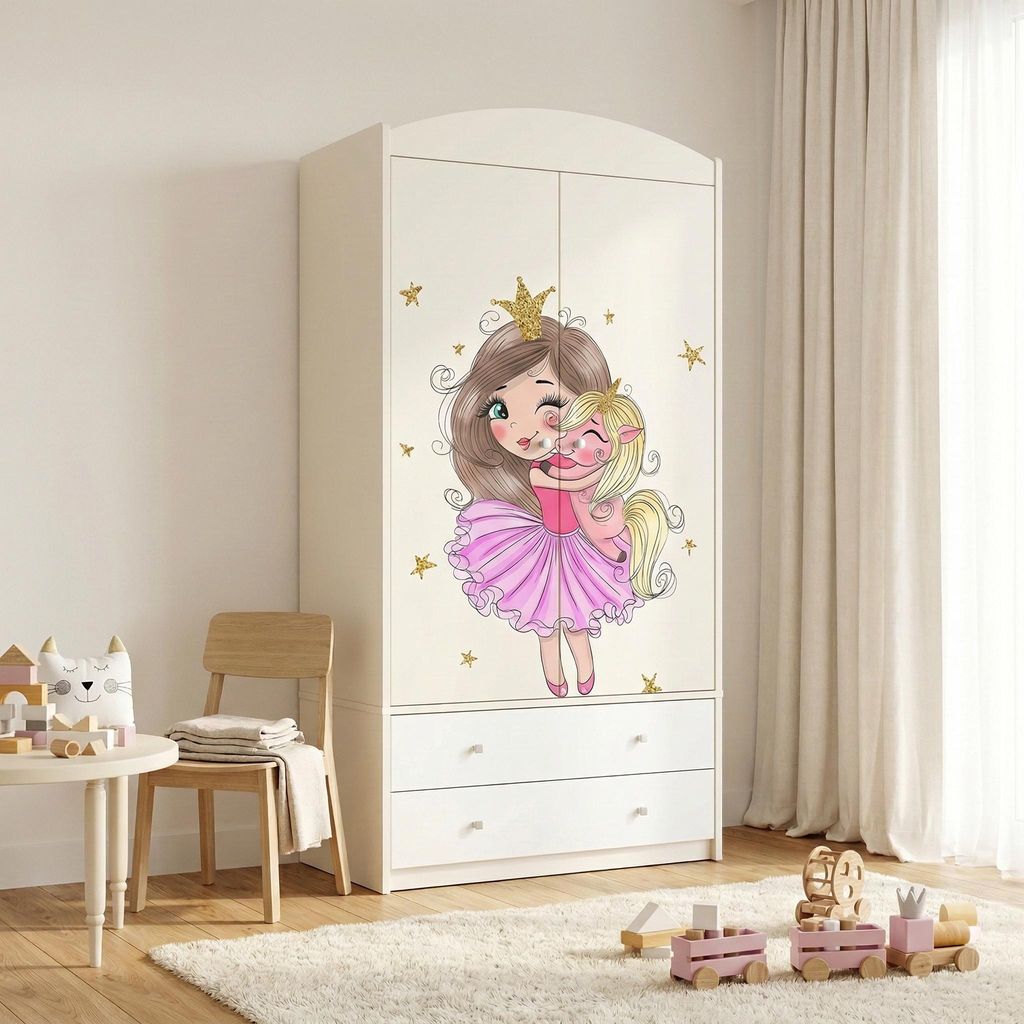 Kinderschrank Weiß modern 2 Türen 2 Schubladen Kleiderschrank Kinderzimmer mit Kleiderstange 88x187 cm, Rose Prinzessin