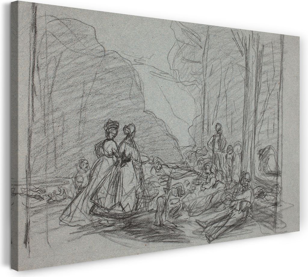 Leinwandbild (80x60cm): Claude Monet - Die Mittagsmahlzeit auf dem Rasen (1865)- Impressionismus, echter Holz-Keilrahmen inkl. Aufhänger, handgefe...