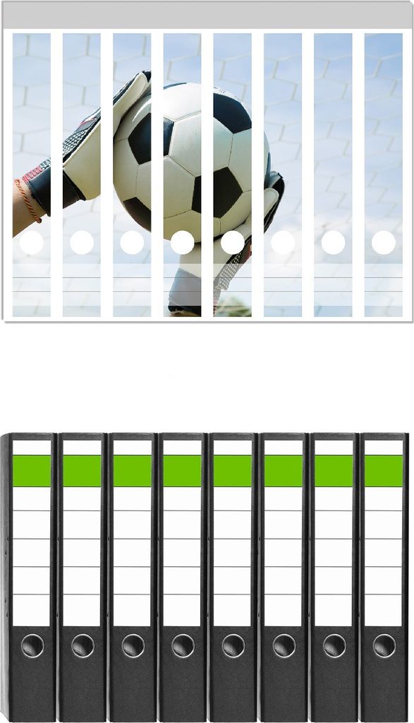 Wallario 8 Stück schmale Ordner inkl. Klebeetiketten mit Motive Fußball - Torwart im Tor vor blauem Himmel - Set mit Rückenschildern / Ordnerr...
