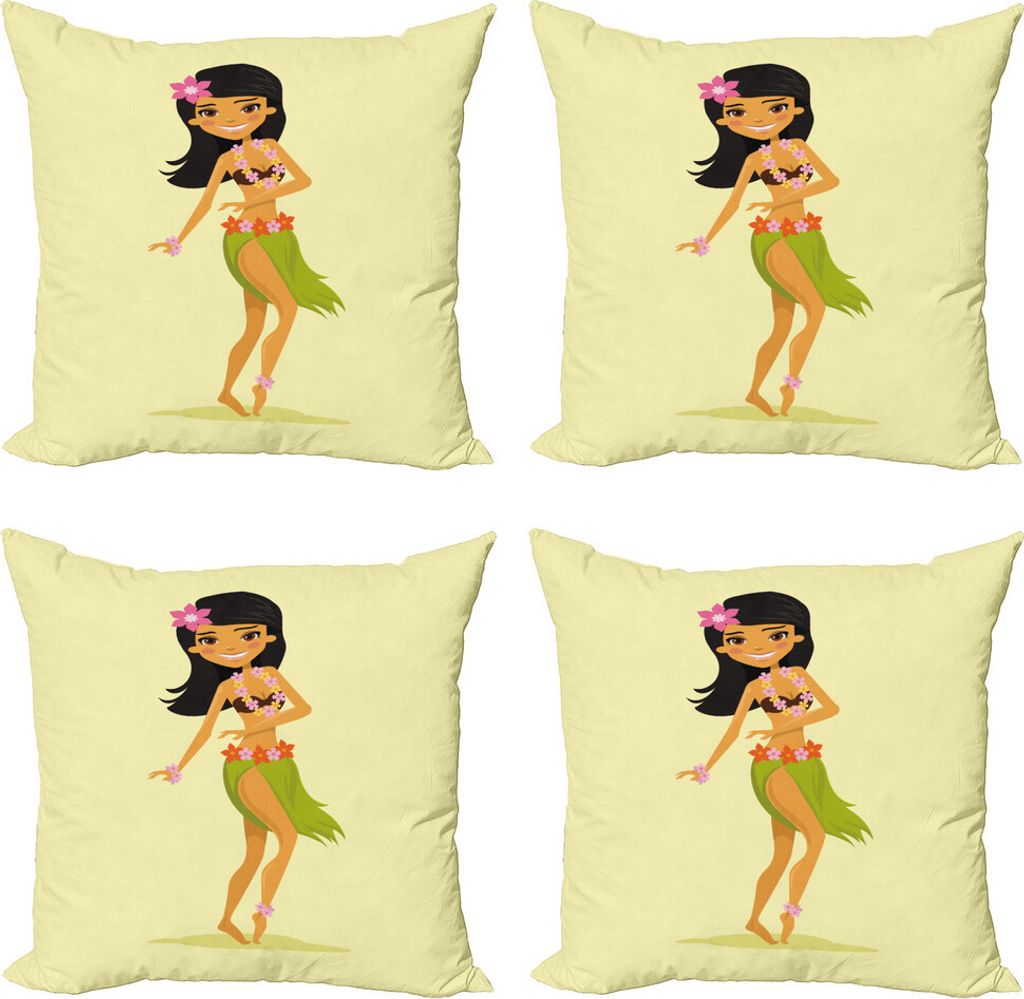 ABAKUHAUS Luau Kissenbezug Set (4 Stück), Hawaii-Tänzer-Mädchen-Karikatur, Moderner Doppelseitiger Digitaldruck, 50 cm x 50 cm, Blassgelb Multic...
