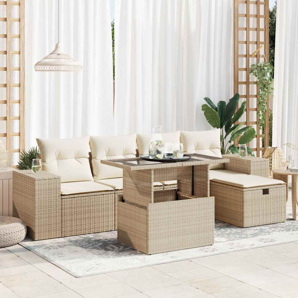 "2026 Promotion" 6-tlg. Garten-Sofagarnitur/Terrassenmöbel - mit Kissen - Beige Poly Rattan - Gartenmöbelset CC18415