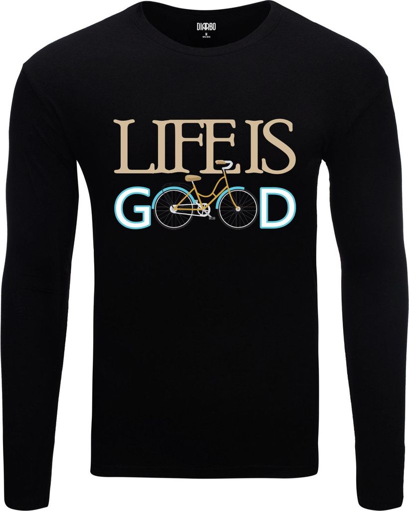 Herren Warm, Langarm-T-Shirt mit Druck Fahrradtext Schwarz Gr.XXL