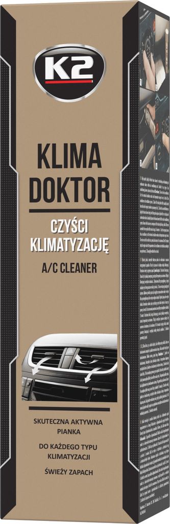 The image shows the packaging of a car air conditioning cleaner product. The front of the box features the brand logo, product name, and an illustration of car air vents.