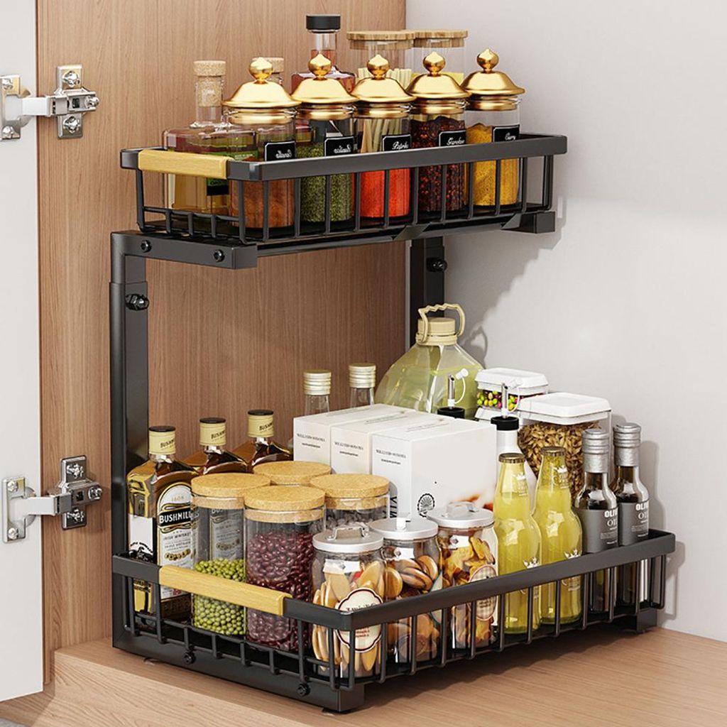 Küchen Organizer 2 Etagen unter Waschbecken Regal Schrank-Organizer ausziehbares Spülbecken-Regal Gewürzregal schwarz