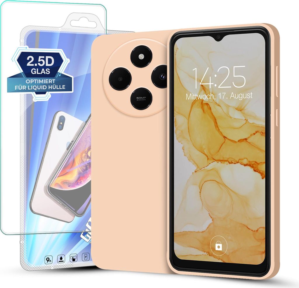 A pink smartphone case and screen protector are displayed next to a smartphone.