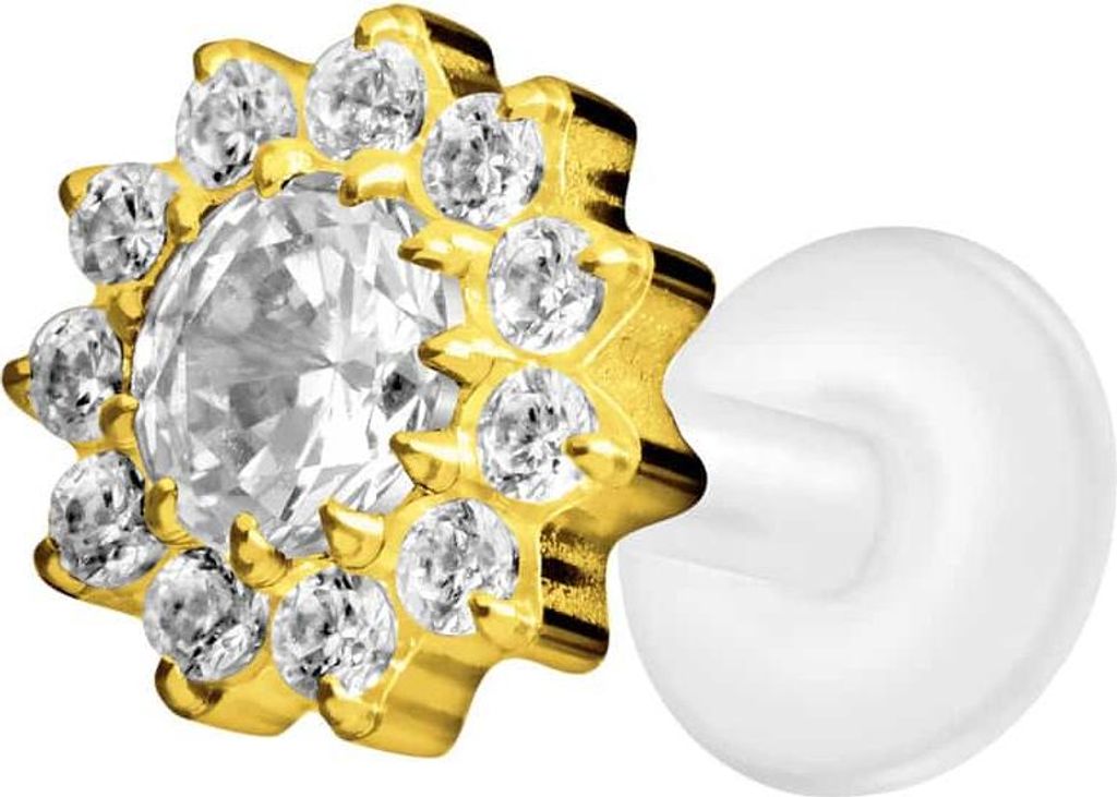 Ohrpiercing, Nasenpiercing PTFE Labret mit Innengewinde + Titan-Aufsatz KRISTALLBLUME Gold Stablänge: 6mm | Stabstärke: 1,2mm