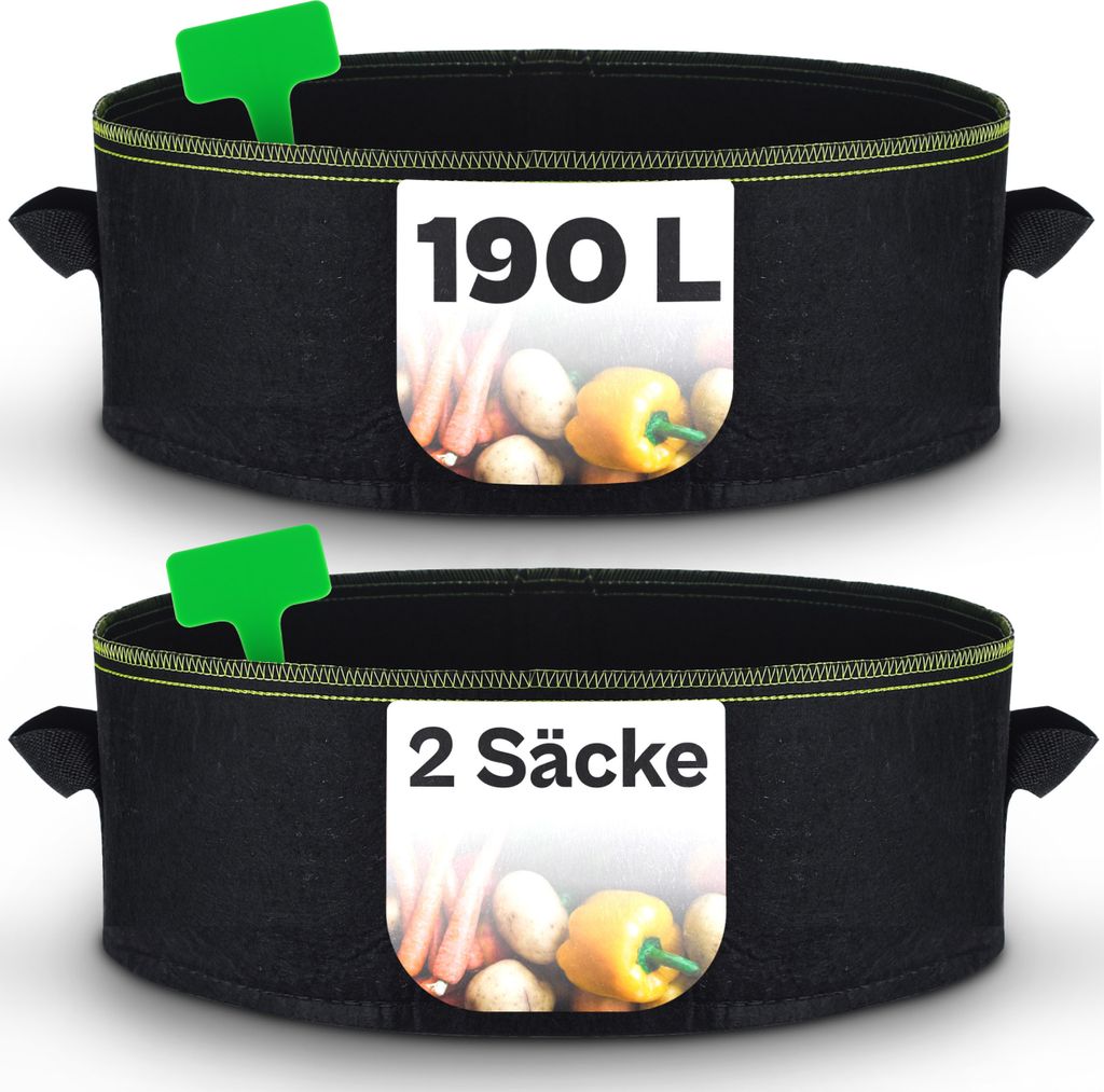 Hochbeet Pflanzsack Groß 2x 190L aus Vliesstoff - Mit Pflanzenstecker zum Beschriften - Ø90cm Höhe 30cm Schwarz