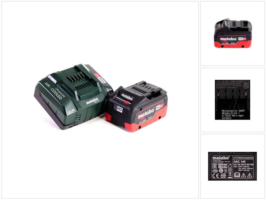 Metabo Akku Basis Set 18V mit 1x Akku LiHD 8,0Ah ( 625369000 ) + Ladegerät ASC 145 ( 627378000 )