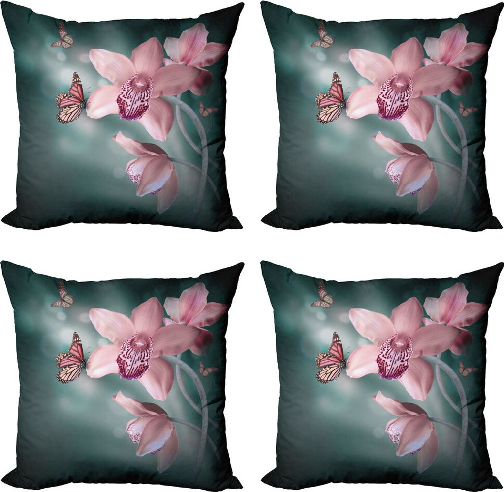 ABAKUHAUS Blumen Kissenbezug Set (4 Stück), Orchideen-Blume Schmetterling, Moderner Doppelseitiger Digitaldruck, 60 cm x 60 cm, Baby-Rosa und Jade...