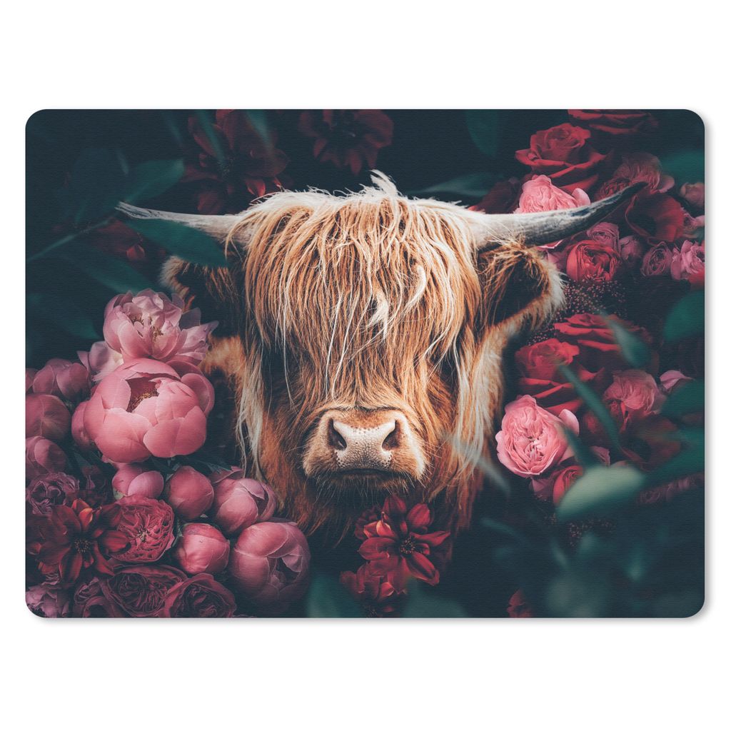 MuchoWow Mauspad Mousepad Kuh - Schottischer Hochländer - Blumen - Botanisch 23x19 cm - Mousepads - Maus Mat - Pad - Mausunterlage - Schreibtisc...