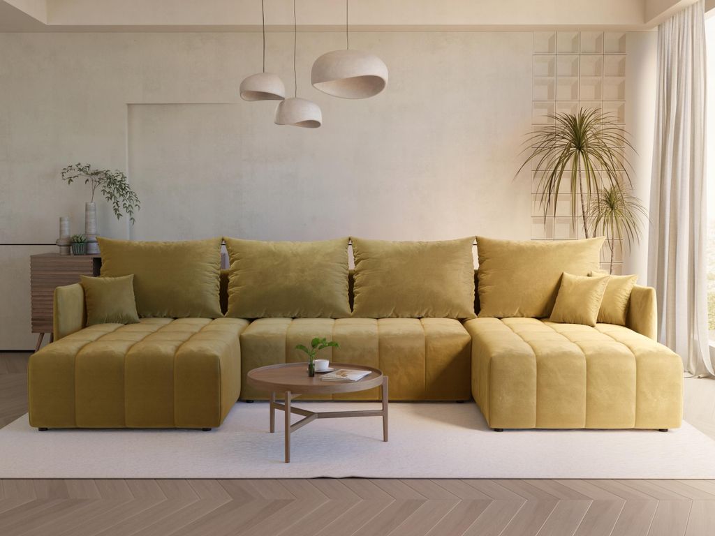 LetSit Ecksofa Pola U Monolith U-förmig Freistehendes Loungesofa Kompakt Schlaffunktion Schmutzabweisend Bettzeuglagerung Für Wohnzimmer Dunkelgelb