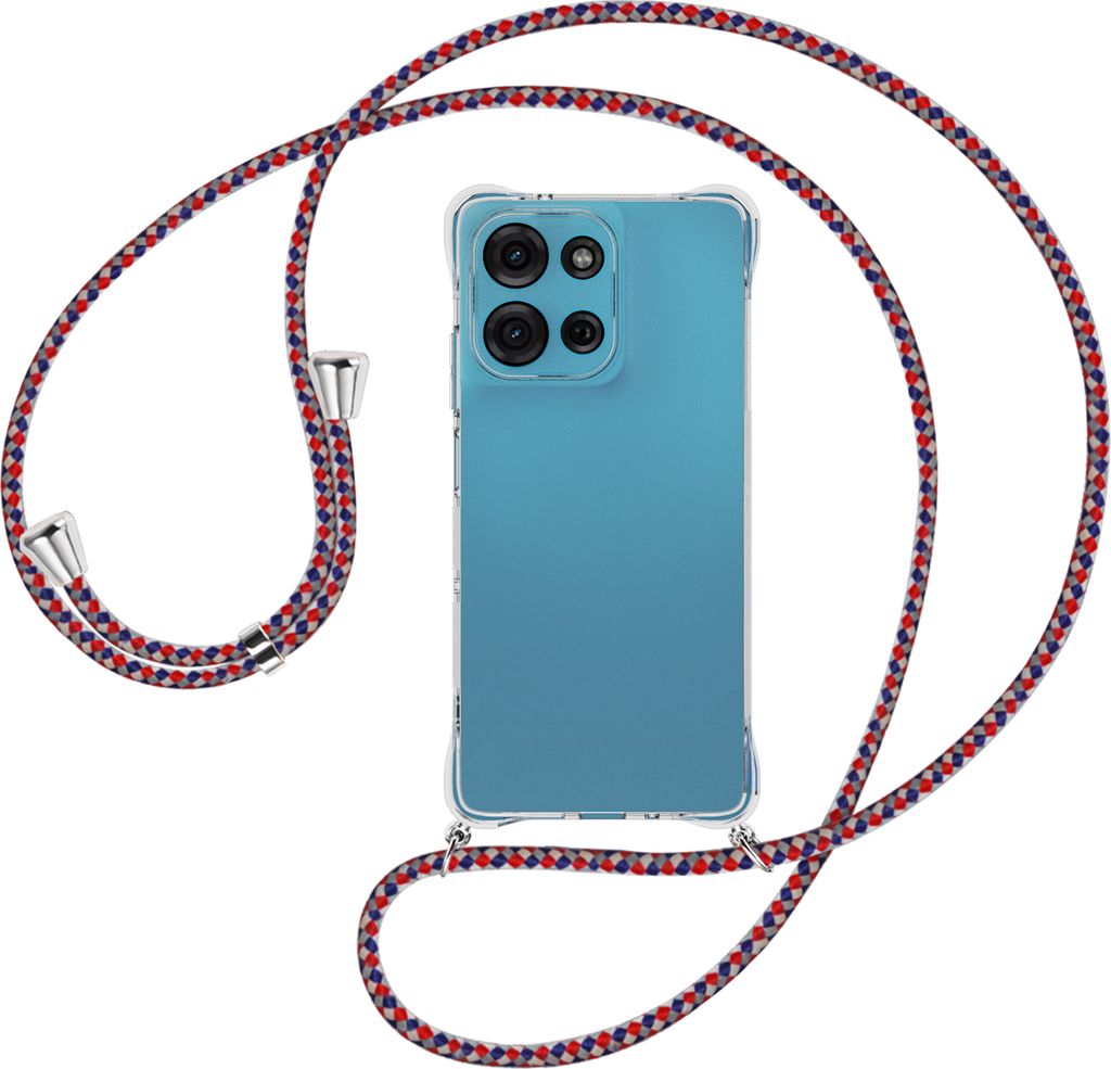 Handykette Backcover-Schutzhülle mit Band (Metall silberfarben) für Motorola Moto G75 5G - silber/blau/rot