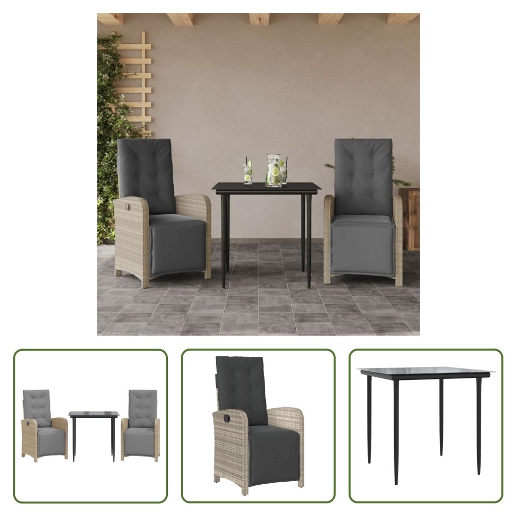 The Living Store 3-tlg. Bistro-Set mit Kissen Hellgrau Poly Rattan