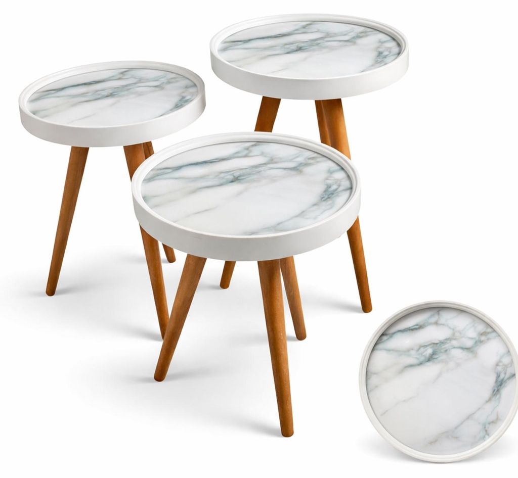 HOOZ 3er Set Beistelltisch stapelbar & zusammenschiebbar – moderner Satztisch – Sofatisch Set für Wohnzimmer – Tischset in Marmoroptik Grau