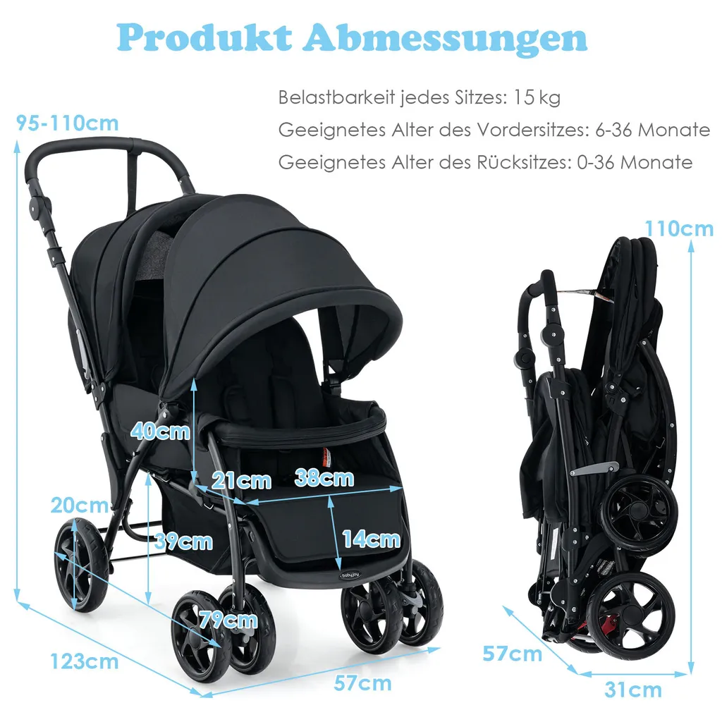Poussette jumelle pour sorties urbaines pliable et compacte coloris noir