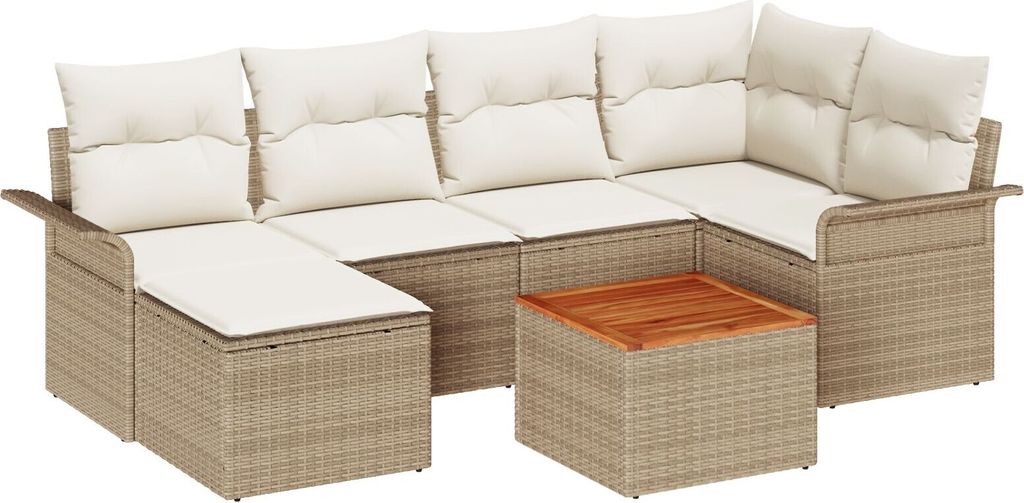 7-teiliges Garten Sofa Set mit Kissen Beige Poly Rattan Akazie, Gartensofas DesignMöbel Neu
