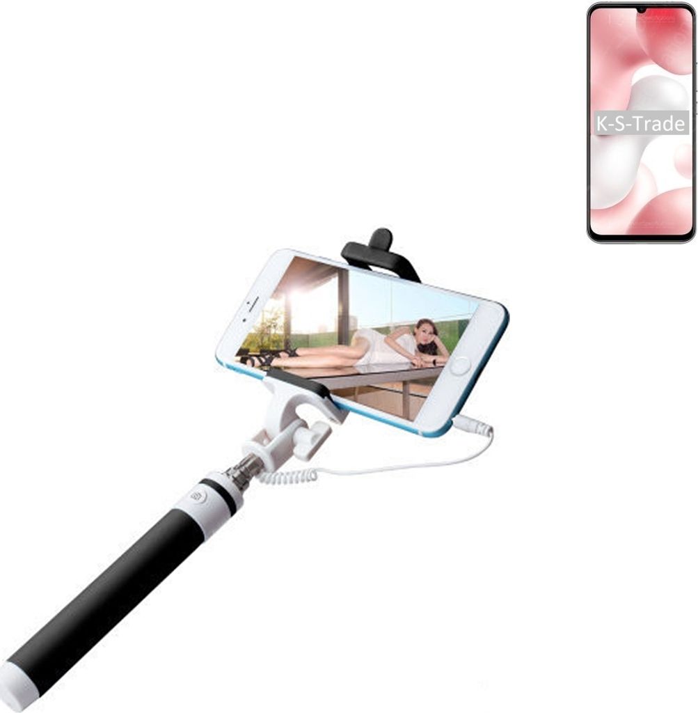 K-S-Trade Selfie Stick kompatibel mit Xiaomi Mi 10 Lite Zoom Edition Selfiestick kabelgebunden Monopod mit Kabel Stab Stange Selfportrait