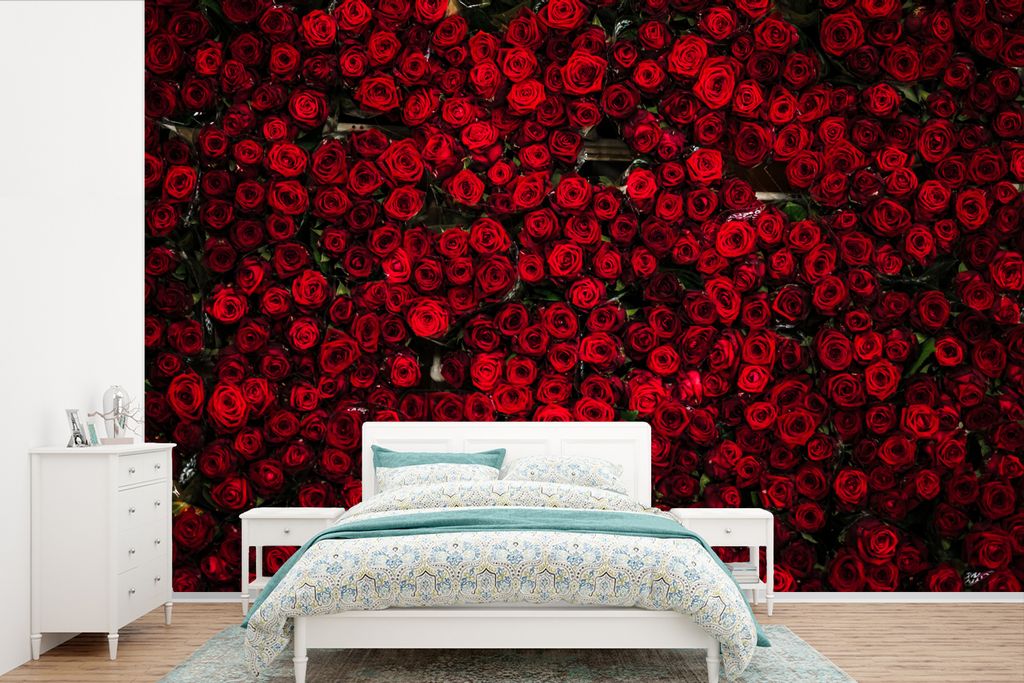 MuchoWow Fototapete für Wohnzimmer oder Schlafzimmer Wandtapete Vinyl Motivtapete Blumen - Rosen - Rot - 600x400 cm - Vinyltapeten