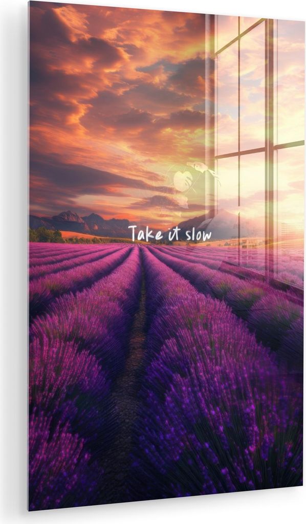 MuchoWow Glasbilder - Bilder auf Wandbild - Foto auf Glas Lavendelfeld - Zitat - Sonnenuntergang 40x60 cm Wanddekoration aus Glas - Acrylglasbild -...