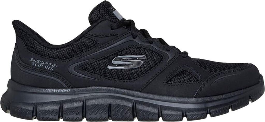 A side view of a single black Skechers sneaker.