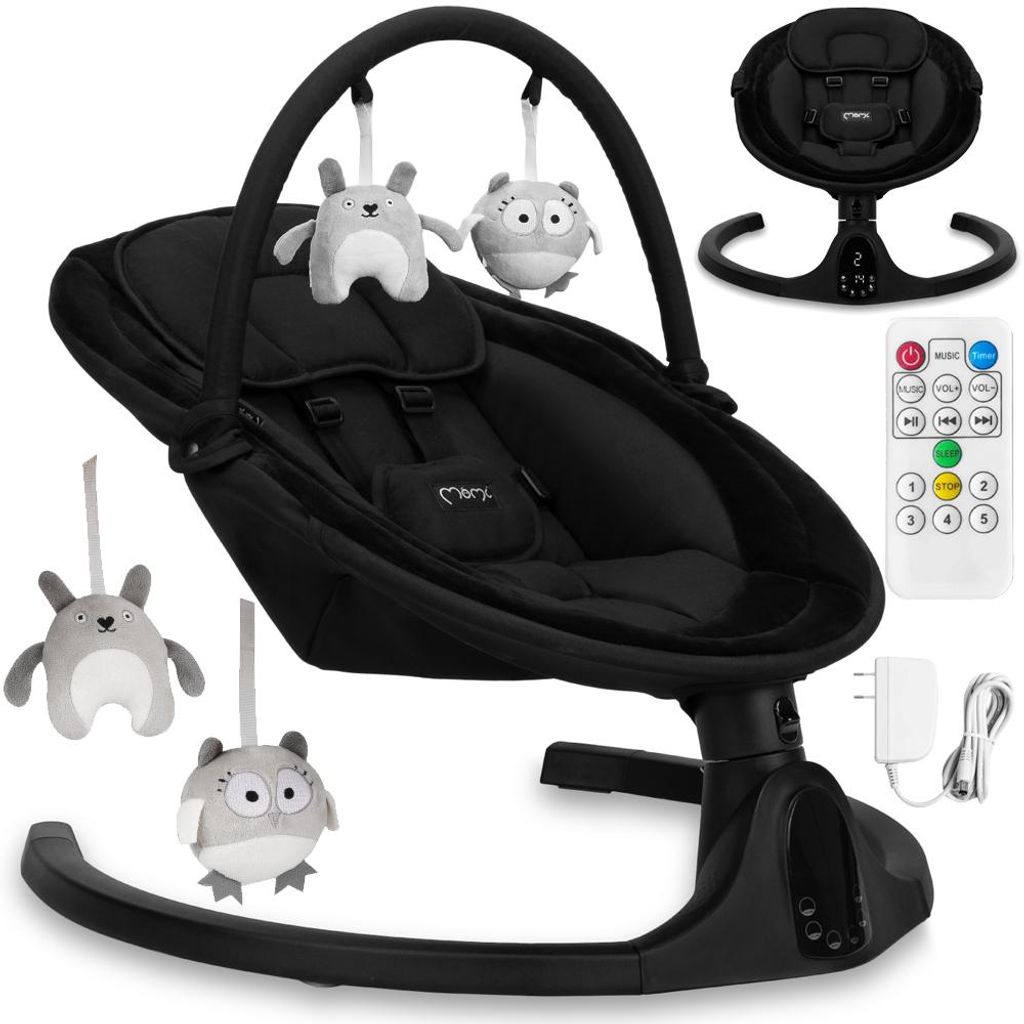 MoMi KENANI ONYX – Elektrische Babywippe mit Bluetooth, Fernbedienung, LED-Display & 5 Stufen, inkl. Spielzeug – Schwarz